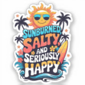 Sunburned Salty and Happy – Retro Beach Vibes Sticker (Voorkant)
