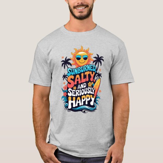 Sunburned Salty and Happy – Retro Beach Vibes T-shirt (Voorkant)