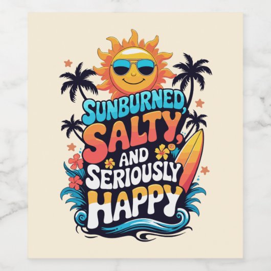 Sunburned Salty and Happy – Retro Beach Vibes Wijn Etiket (Enkel label)
