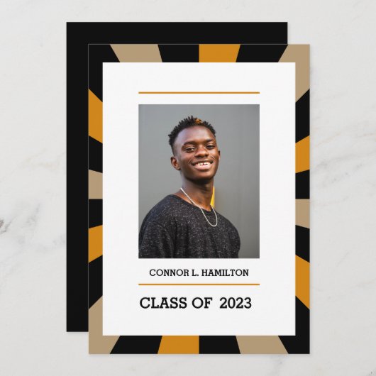 Sunburst | Black Gold Oranje Photo Afstuderen Kaart (Voorkant / Achterkant)