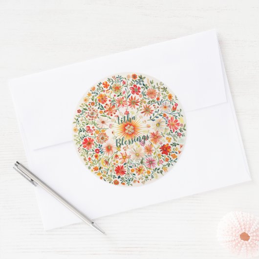 Sunburst en bloemenpatroon Litha Ronde Sticker (Envelop)