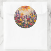 Sunburst en bloemenpatroon Litha Ronde Sticker (Tas)