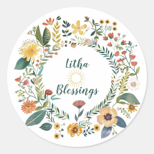 Sunburst en bloemenpatroon Litha Ronde Sticker (Voorkant)