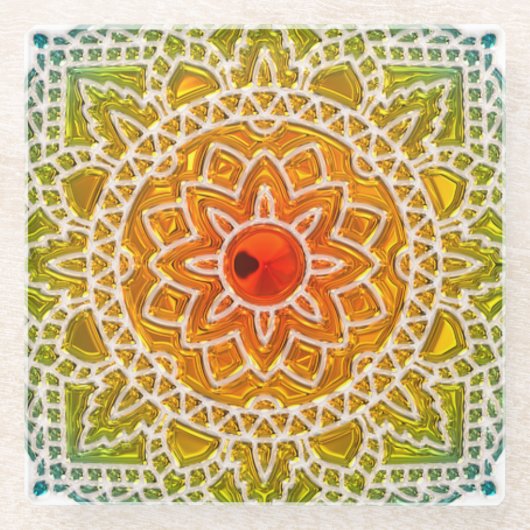 Sunburst Mandala Boho Glass Onderzetters (Voorkant)