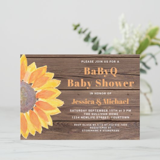 Sunflow Wood BBQ Koppel Baby Shower Uitnodiging (Staand voorkant)