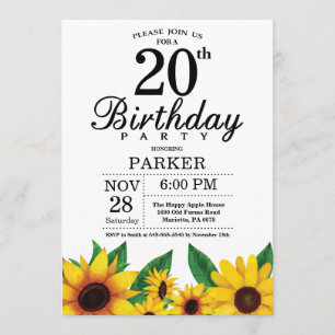 Sunflower 20th Birthday Invitation Kaart