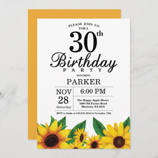 Sunflower 30th Birthday Invitation Kaart (Voorkant / Achterkant)