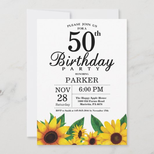 Sunflower 50th Birthday Invitation Kaart (Voorkant)