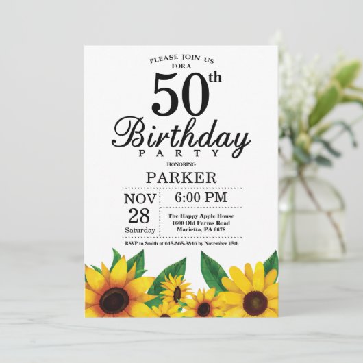 Sunflower 50th Birthday Invitation Kaart (Staand voorkant)