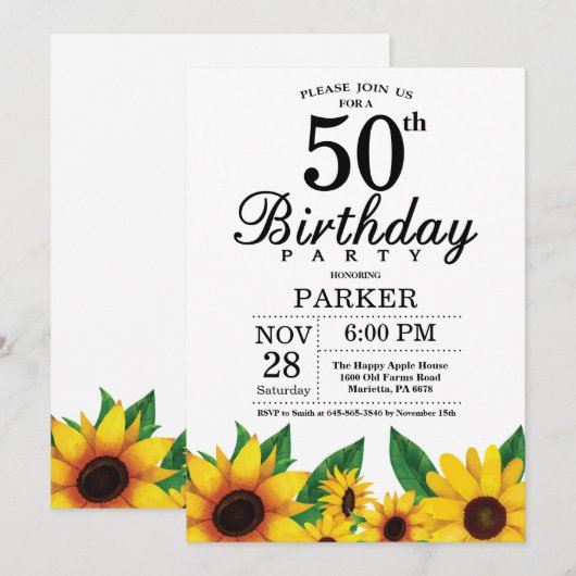 Sunflower 50th Birthday Invitation Kaart (Voorkant / Achterkant)