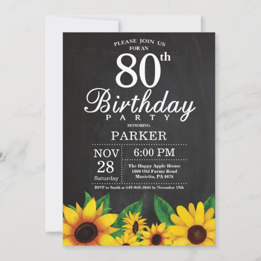 Sunflower 80th Birthday Invitation Kaart (Voorkant)