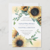 Sunflower and Navy Blue Rustic Wedding Invite Kaart (Voorkant)