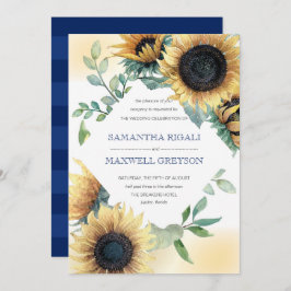 Sunflower and Navy Blue Rustic Wedding Invite Kaart