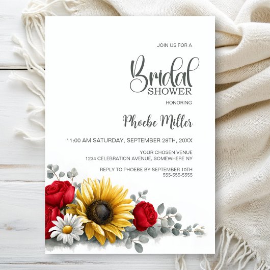 Sunflower and Red Rose Floral Bridal Shower Kaart