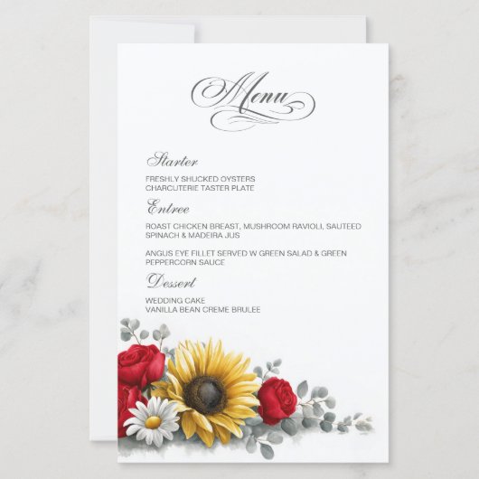 Sunflower and Red Rose Floral Wedding Menu (Voorkant)