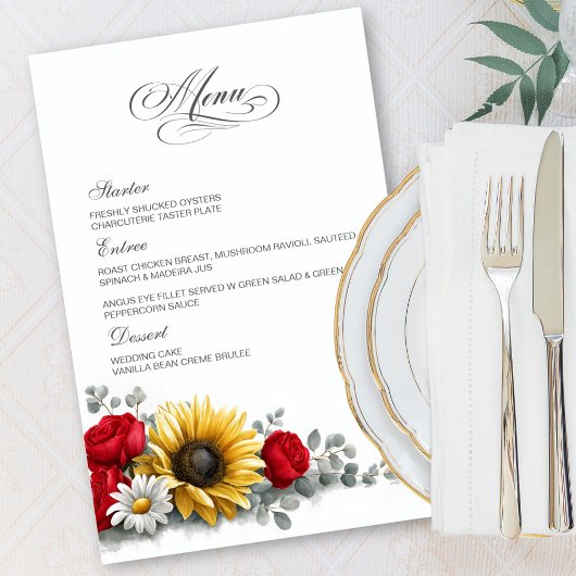 Sunflower and Red Rose Floral Wedding Menu