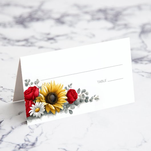 Sunflower and Red Rose Floral Wedding Place Card Plaatskaartje