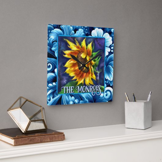 Sunflower at Night Flower Floral Personalized Vierkante Klok (Kantoor)