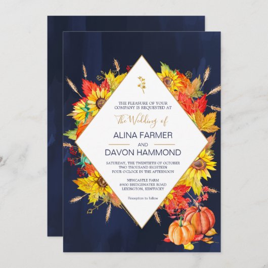 Sunflower Autumn Leaves Wedding Invitation Kaart (Voorkant / Achterkant)