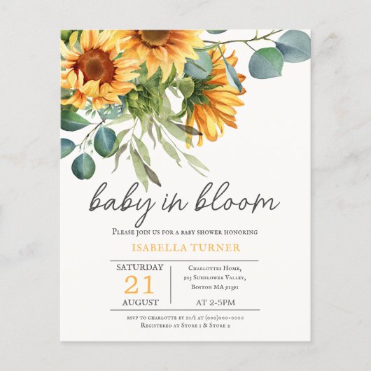 Sunflower Baby shower Budget Invitation (Voorkant)