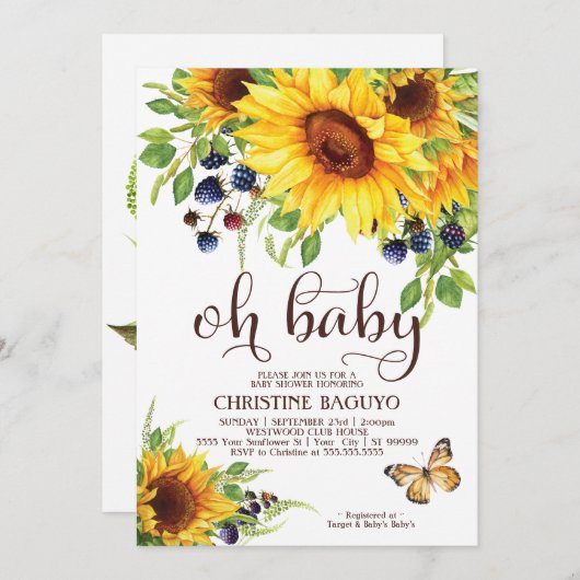 Sunflower Baby shower Invitation Elegant Boho Kaart (Voorkant / Achterkant)