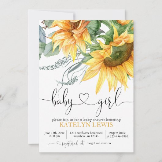 Sunflower Baby shower Invitation for a Girl Kaart (Voorkant)