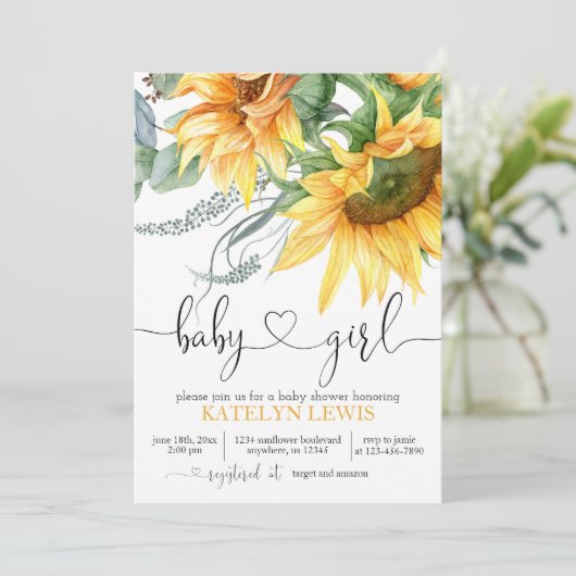 Sunflower Baby shower Invitation for a Girl Kaart (Staand voorkant)