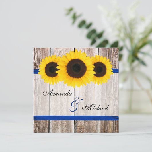 Sunflower Barn Wood Blue Ribbon Wedding Kaart (Staand voorkant)