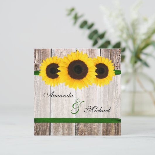 Sunflower Barn Wood Green Ribbon Wedding Kaart (Staand voorkant)