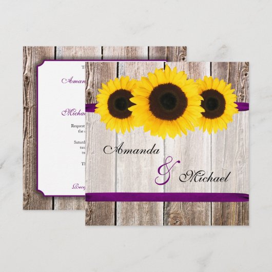 Sunflower Barn Wood Paars Ribbon Wedding Kaart (Voorkant / Achterkant)