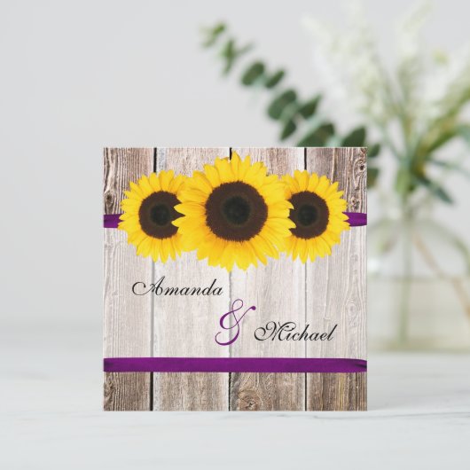 Sunflower Barn Wood Paars Ribbon Wedding Kaart (Staand voorkant)