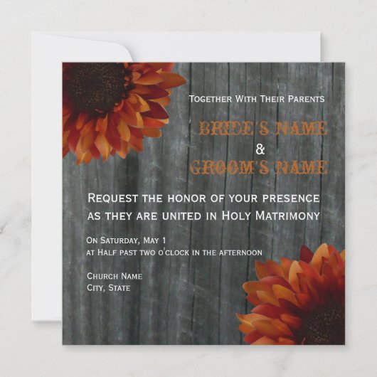 Sunflower & Barnwood Fall Wedding Invitation Kaart (Voorkant)