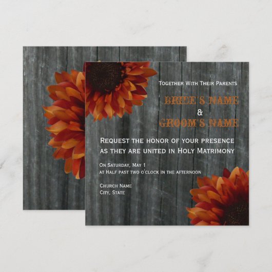 Sunflower & Barnwood Fall Wedding Invitation Kaart (Voorkant / Achterkant)