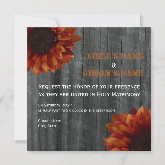 Sunflower & Barnwood Fall Wedding Invitation Kaart (Voorkant)