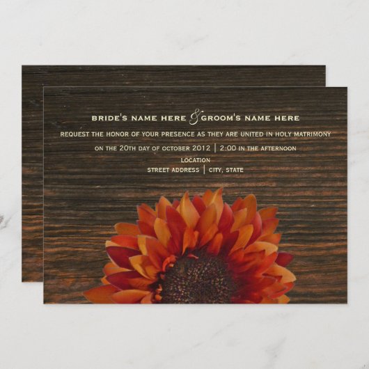 Sunflower & Barnwood Rustic Wedding Invitation Kaart (Voorkant / Achterkant)