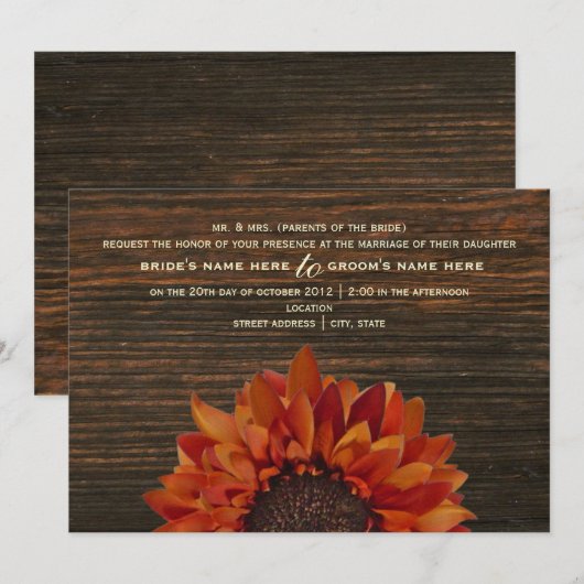Sunflower & Barnwood Rustic Wedding Invitation Kaart (Voorkant / Achterkant)