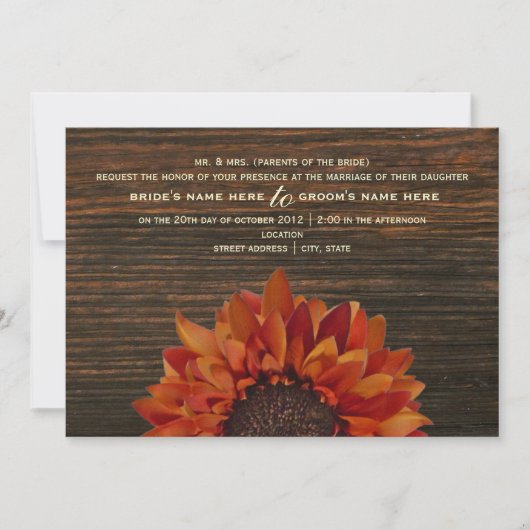 Sunflower & Barnwood Rustic Wedding Invitation Kaart (Voorkant)