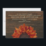 Sunflower & Barnwood Rustic Wedding Invitation Kaart<br><div class="desc">Een huwelijksuitnodiging met een afbeelding van een oranje zonnebloem die van onderaf over een achtergrond van donkerbruin barnhout naar voren komt.  Pas de tekst aan met details van uw gelegenheid.</div>
