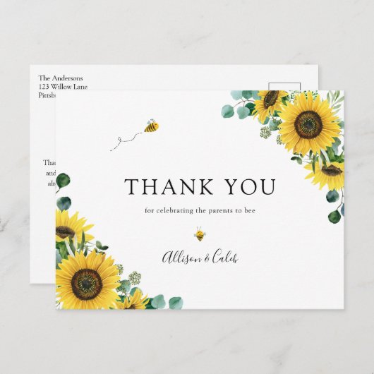 Sunflower Bee Baby shower Dank u Briefkaart (Voorkant / Achterkant)