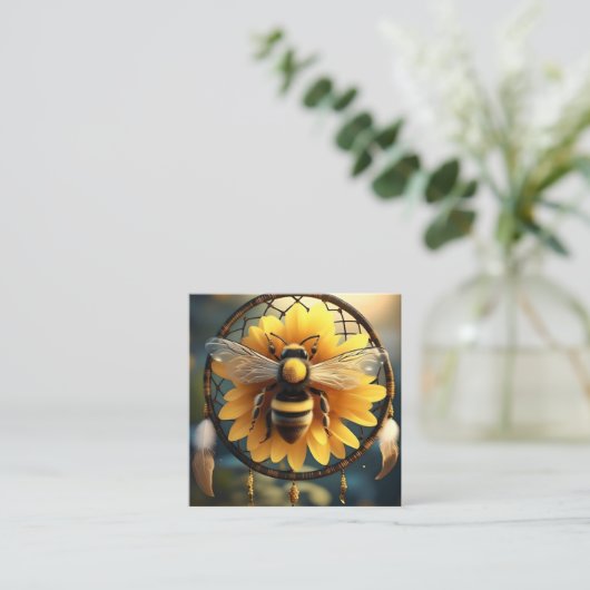 Sunflower Bee Dreamcatcher, Vierkante Visitekaartje (Staand voorkant)