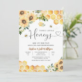 Sunflower Bee Twin Triplet Honing Baby shower Kaart (Staand voorkant)