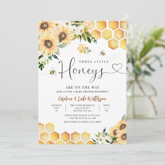 Sunflower Bee Twin Triplet Honing Baby shower Kaart (Staand voorkant)