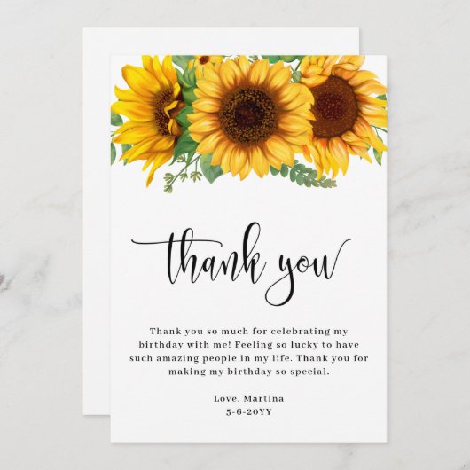 Sunflower BIrthday Bedankkaart (Voorkant / Achterkant)