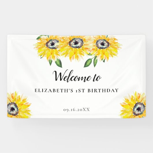 Sunflower Birthday First Welcome Waterverf Floral Spandoek (Horizontaal)