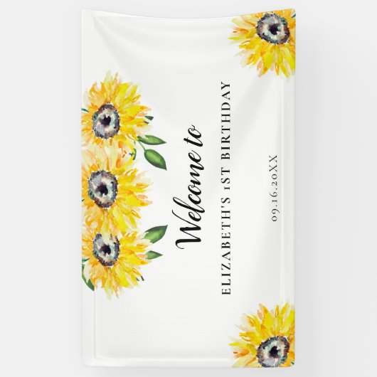 Sunflower Birthday First Welcome Waterverf Floral Spandoek (Verticaal)