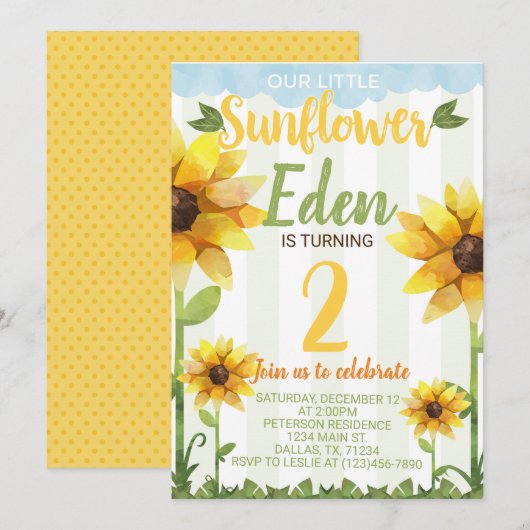 Sunflower Birthday Party Invitation Invite Kaart (Voorkant / Achterkant)