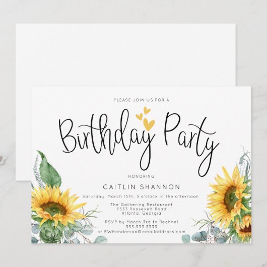 Sunflower Birthday Party Kaart (Voorkant / Achterkant)