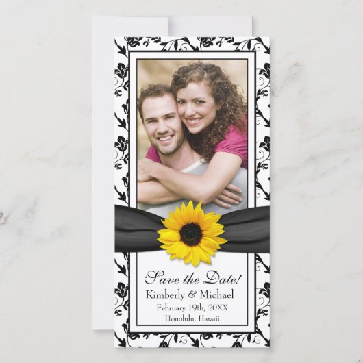 Sunflower Black Floral Ribbon Foto Save the Date (Voorkant)
