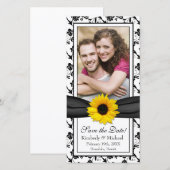Sunflower Black Floral Ribbon Foto Save the Date (Voorkant / Achterkant)