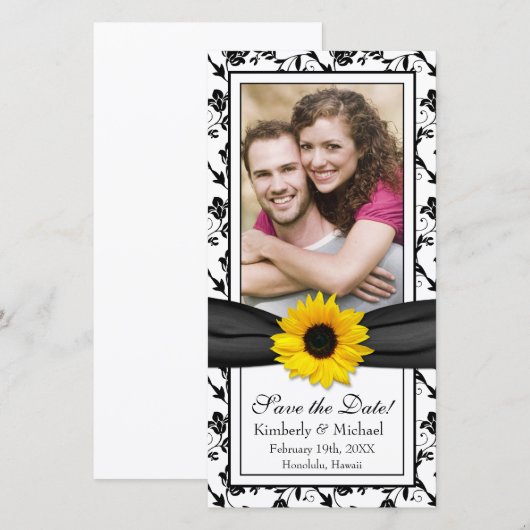 Sunflower Black Floral Ribbon Foto Save the Date (Voorkant / Achterkant)